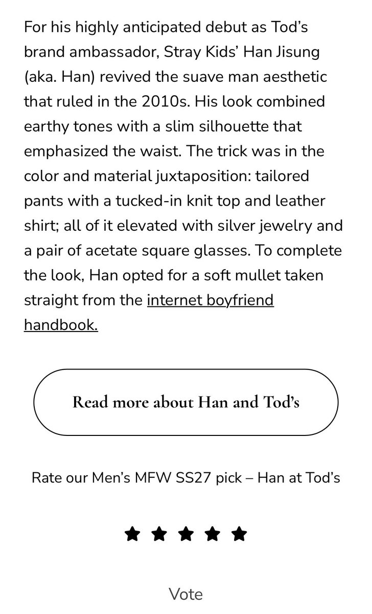 hjspopbase's tweet photo. #HAN Jisung has been nominated for Best Dressed at Men's Fashion Week 2026 by 'No Manners Magazine'

Voting is done through rating, so please leave a 5-star rating from your available google accounts. Some fandoms are reportedly mass-rating other nominees with 1 star in an attempt to affect the final results, making every legitimate 5-star review for han even more valuable.

Let's show our support and help reflect the impact of Han unforgettable Fashion Week debut.

🔗 https://t.co/0TmZftNhcn