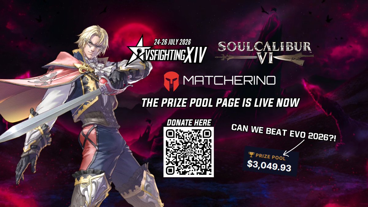 SoulCaliburUK's tweet photo. #SOULCALIBUR Major at #VSF is almost ready to roll this July; and our matcherino is LIVE! With a Start $75 Dono from @FottenSC 🐴
Wonder if we can beat that beast of a Matcherino held by @SabinDeus during his amazing event at #EVO last week? 🤣
Donate: https://t.co/aGMgq8kqL4 https://t.co/hr6ENtx43t