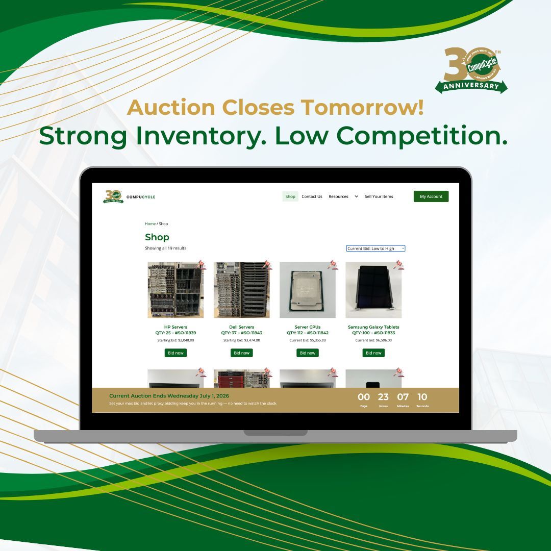 CompuCycle's tweet photo. If you're sourcing bulk tech, we've got Servers, RAM, Laptops and more closing tomorrow at 2PM CDT! See what's for bid → https://t.co/IHPhIl14x6 https://t.co/piCozsOsng