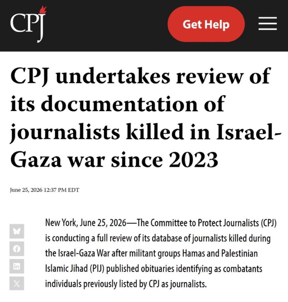 AdamMilstein's tweet photo. The scandal surrounding the Committee to Protect Journalists is staggering.

After first quietly removing names from its Gaza database of alleged journalists killed by the IDF, CPJ ultimately had to recall the entire list after public pressure exposed that numerous individuals it had classified as journalists were members or operatives of terrorist organizations. These terrorists were named by the terror groups themselves — not even by the IDF.