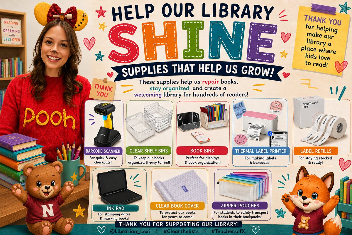 Librarian_Lexi's tweet photo. My students deserve the best library I can give them. ❤️📚
If my wishlist crosses your feed today, thank you for taking a look; even sharing this post helps more than you know!
📖 Books: https://t.co/iVuhsYTlLH
🛠️ Supplies: https://t.co/dYMEmhVBrg

#ClearTheLists #TeachersofX https://t.co/PtPNs3wxE9