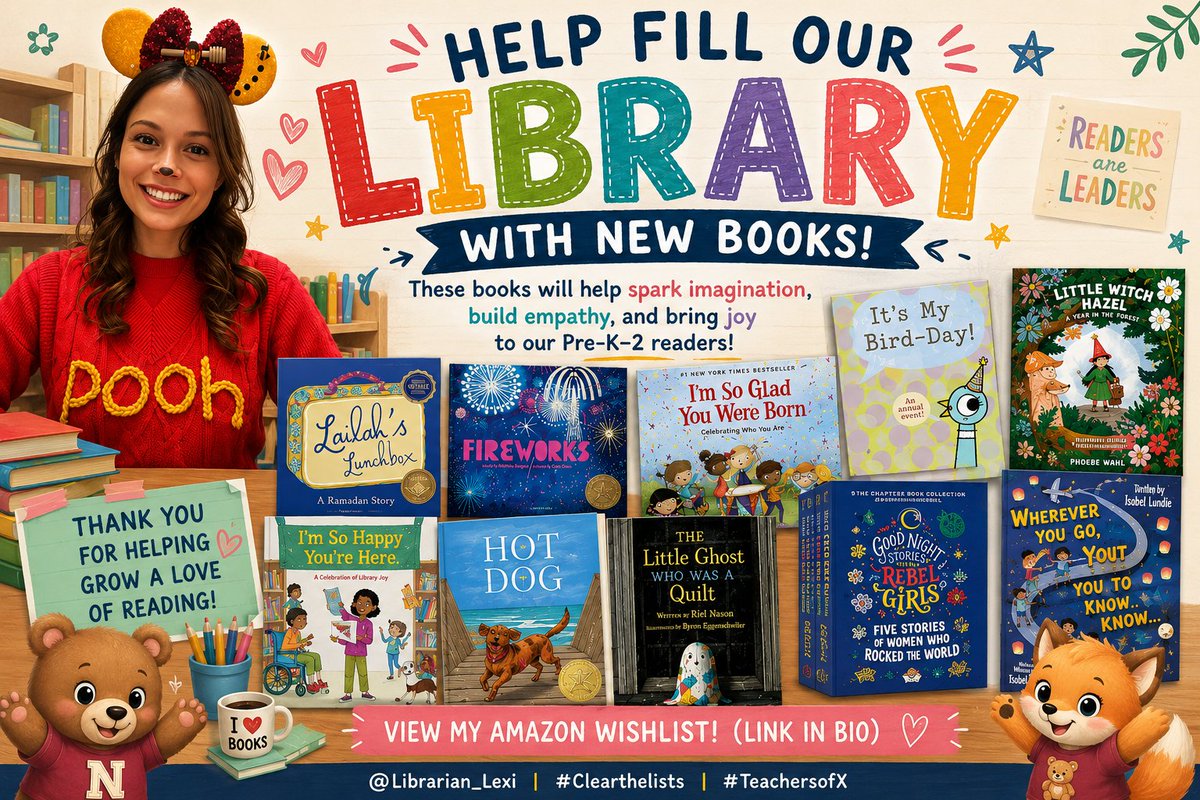 Librarian_Lexi's tweet photo. My students deserve the best library I can give them. ❤️📚
If my wishlist crosses your feed today, thank you for taking a look; even sharing this post helps more than you know!
📖 Books: https://t.co/iVuhsYTlLH
🛠️ Supplies: https://t.co/dYMEmhVBrg

#ClearTheLists #TeachersofX https://t.co/PtPNs3wxE9