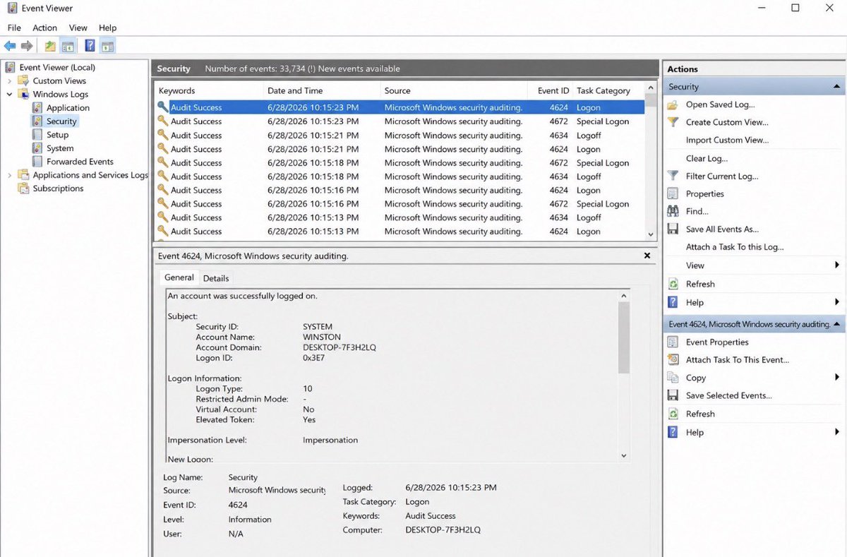 Officialwhyte22's tweet photo. One of the first places I check during a Windows investigation is Event Viewer, specifically the Security log.

The event highlighted here is Event ID 4624, which means a successful logon. A lot of people see “Audit Success” and immediately assume everything is fine, but that’s not how investigators think. A successful login simply tells us that Windows accepted someone’s credentials, it doesn’t tell us whether that login was expected.

Look at the details pane below. You can see information like the account name, the logon type, the time it happened, and the computer involved. Those details become incredibly useful when you’re investigating suspicious activity. Was the user supposed to be logged in at that time? Was it an interactive login at the keyboard or a remote session? Does it match what the user says they were doing?

This is why digital forensics is about asking questions, not jumping to conclusions. One log entry rarely tells the whole story. But when you correlate Event ID 4624 with failed logons (4625), privilege changes, process creation events, and network connections, you begin to build an accurate timeline of what really happened on the system.