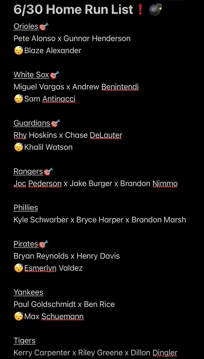 _JustSnaps's tweet photo. 6/30 Home Run List❗️💣

FULL SLATE OUT❗️⚡️

The amount of targets I see on HERE🎯😍

Should be able to cash a fire 2 or maybe 3 piece 💰

Happy DINGER TUESDAY🔥⚾️

Good Luck🍀
Powered By
⚡️⚡️⚡️⚡️⚡️
@TheStarTool https://t.co/gdw1Dfymsa