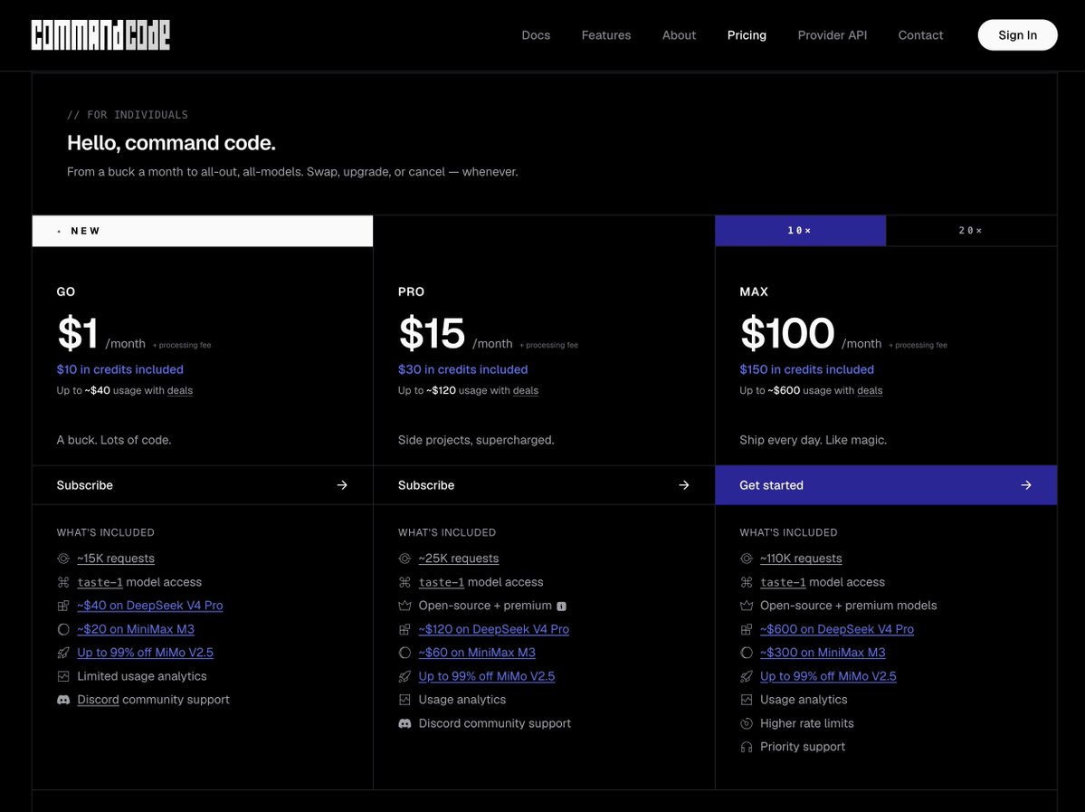 MrAhmadAwais's tweet photo. Wait till you find out you can get a much better deal in @CommandCodeAI  $1 Go plan, with $10 credits, that effectively stretch to $40 on models like DeepSeek with the deals. $1 Go plan is permanent btw.

Also you might enjoy reading our harness engineering https://t.co/t3FsmmP7Bq Founder here 👋