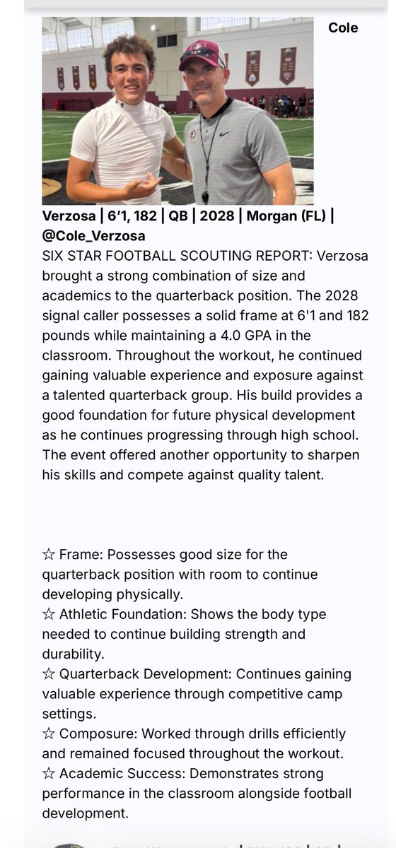 Cole_Verzosa's tweet photo. Gracious to have received another write up from @sixstarfootball on my last camp with @FSUFootball Thanks for the continued exposure and to my WR’s continuing to make me look good at camp. Can’t wait to work with this group from @HCPS_MorganHS #PutOurNameOnTheMap #MustangPride #PonyUp #BuiltToLeadBornToWin @CJBennett_08 @QBcoach1 @MyersM3 @coachMarlo36 @Coach_Norvell @CoachTuckerQB