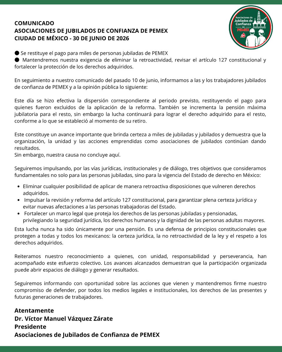 jubiladosPemex's tweet photo. 🖊️COMUNICADO

ASOCIACIONES DE JUBILADOS DE CONFIANZA DE PEMEX

Se restituye el pago para miles de personas jubiladas de PEMEX

Mantendremos nuestra exigencia de eliminar la retroactividad, revisar el artículo 127 constitucional y fortalecer la protección de los derechos adquiridos.

@Reforma
@lajornadaonline
@El_Universal_Mx
@el_pais
@CNNEE
@Reuters
@Milenio
@heraldodemexico
@CanalOnceTV
@RadioEducacion 
@IMER_Noticias
@asilascosasw
@lasillarota
@Pajaropolitico
@Radio_Formula
@jubiladosmx