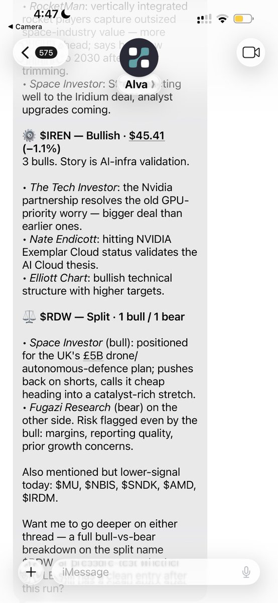 Maggie67245383's tweet photo. Fintwit has never felt this clean.

We launched Fintwit Alpha Radar today (and yes, I'm obviously biased), but it's already my favorite text of the day 😳 

- I connected Alva agent with my iMessage 
- Set my Radar to follow the top 50 ROI & win rate Fintwit investors/traders on our leaderboard
- And now I just got my first daily trade-idea digest right on iMessage, sent by Alva's radar!

Here's what my Radar sent me today (6/30)  
• $RKLB : 3 bulls, zero pushback  
• $IREN : 3 bulls, thesis is AI-infra validation  •
• $RDW : split: 1 bull, 1 bear 
(and you can grill Alva agent with 100+ follow-up questions until you actually get it!)

Love the fact that it shows me the debates and where the smart money's actually split. That's what I wanna see.  @AlvaApp