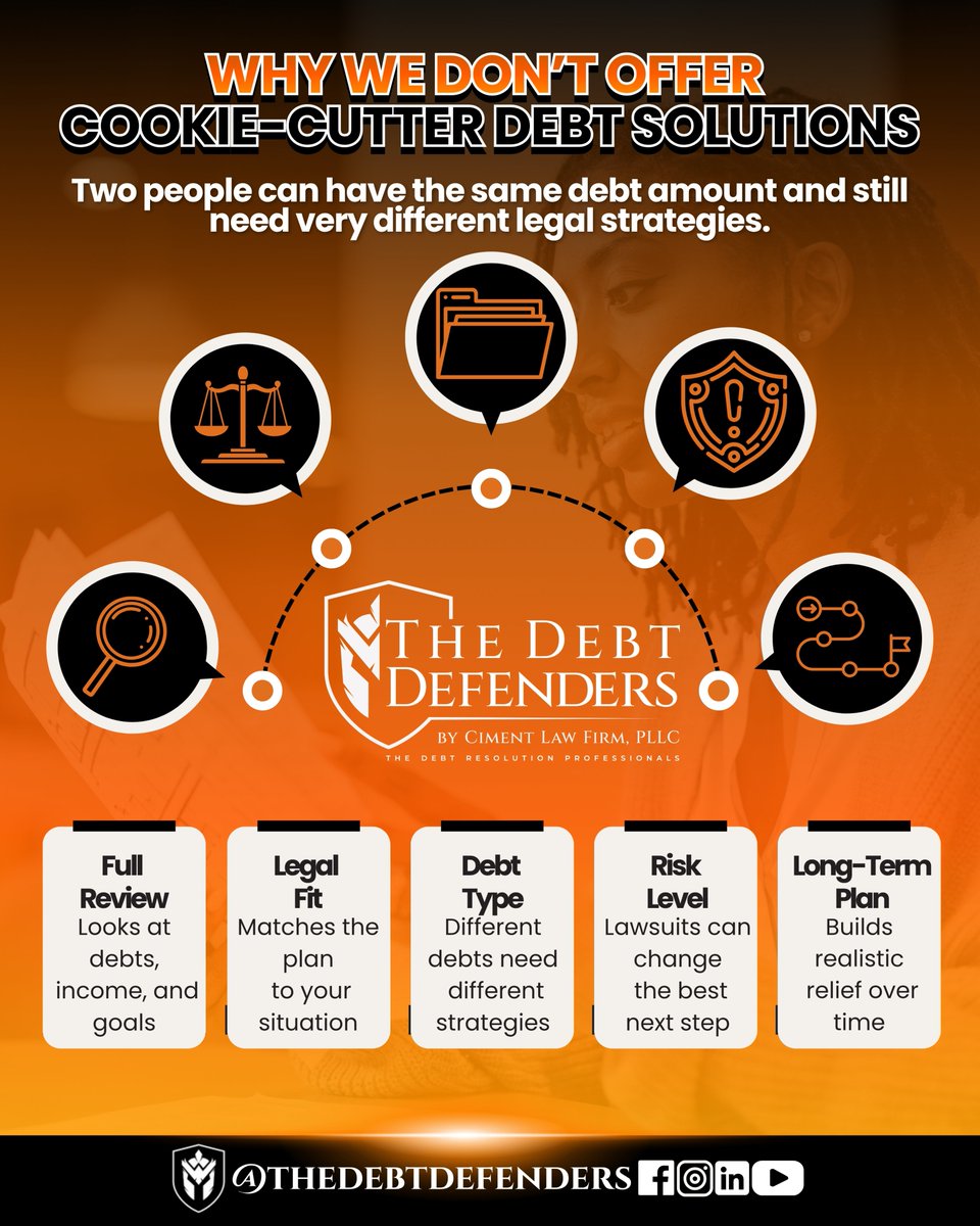 thedebtdefender's tweet photo. Debt solutions are not one size fits all.

The same debt amount can require very different legal strategies depending on income, debt type, lawsuit risk, and long-term goals.

At The Debt Defenders, we review the full picture before building a path forward.

#DebtRelief https://t.co/JUBf7rau31