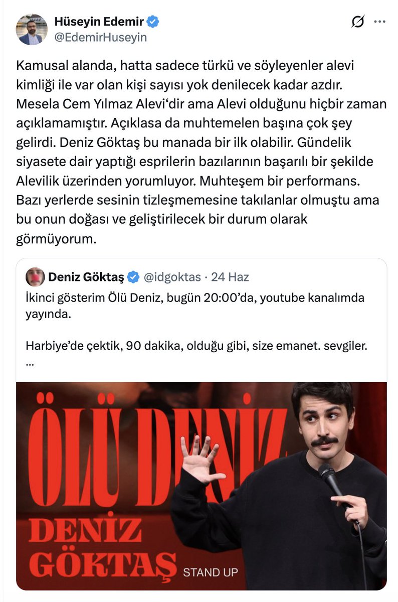 malikejder's tweet photo. Alevi komedyen Pınar Fidan Alevilerle ilgili şaka yapınca linç edip yargılanmasını isteyen Hüseyin Edemir:

"Deniz Göktaş bu manada bir ilk olabilir. Gündelik siyasete dair yaptığı esprilerin bazılarının başarılı bir şekilde Alevilik üzerinden yorumluyor. Muhteşem bir performans."