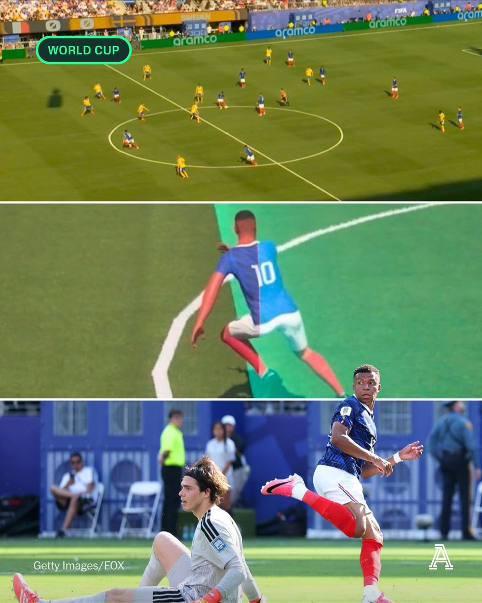 TheAthleticFC's tweet photo. Kylian Mbappe thought he had his record-breaking ninth World Cup knockout goal...

But he was denied by the offside flag.

France vs Sweden live blog: https://t.co/5kdwFNyqSx https://t.co/gJrAnxOryy