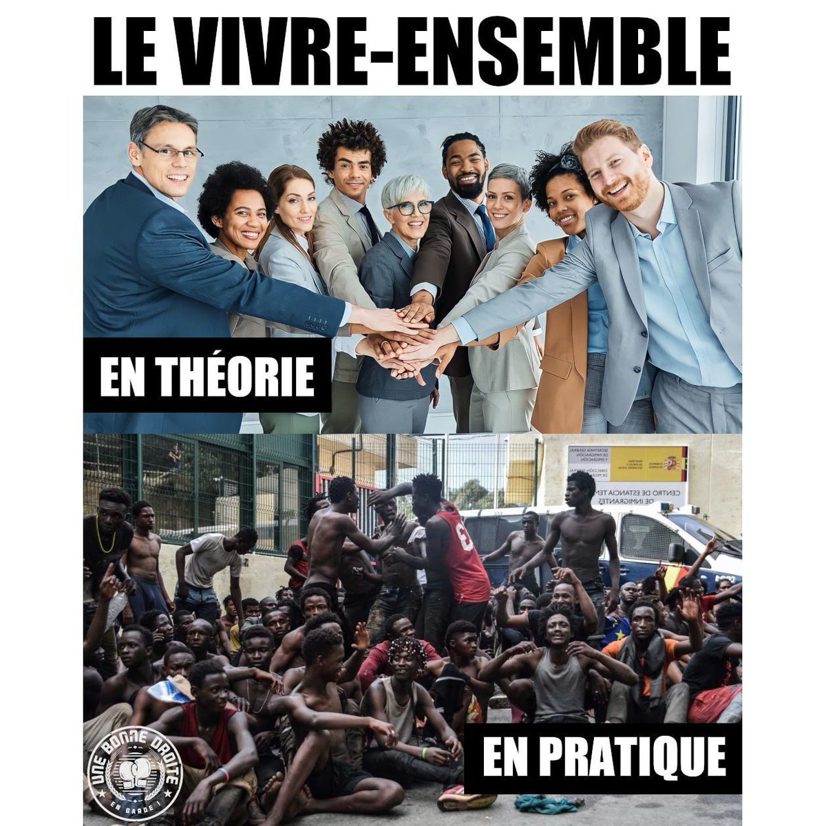 BonneDroite's tweet photo. – Est-ce que vous êtes contre le fait que ce commercial en costume cravate, avec un bon diplôme, qui adore le camembert et qui est originaire de Tunisie vienne travailler dans votre boîte ?
– Bah, dit comme ça, pourquoi pas, ok.

– Bon du coup vous ne voyez pas d'inconvénient à ce que 25 millions de Congolais, d'Égyptiennes excisées et de Pakistanais fous d'Allah, tous prêts à travailler pour la moitié d'un SMIC et qui n'ont aucune notion d'hygiène ni de vie dans une société civilisée, débarquent eux aussi en France dans les prochaines années ?
– Euh…