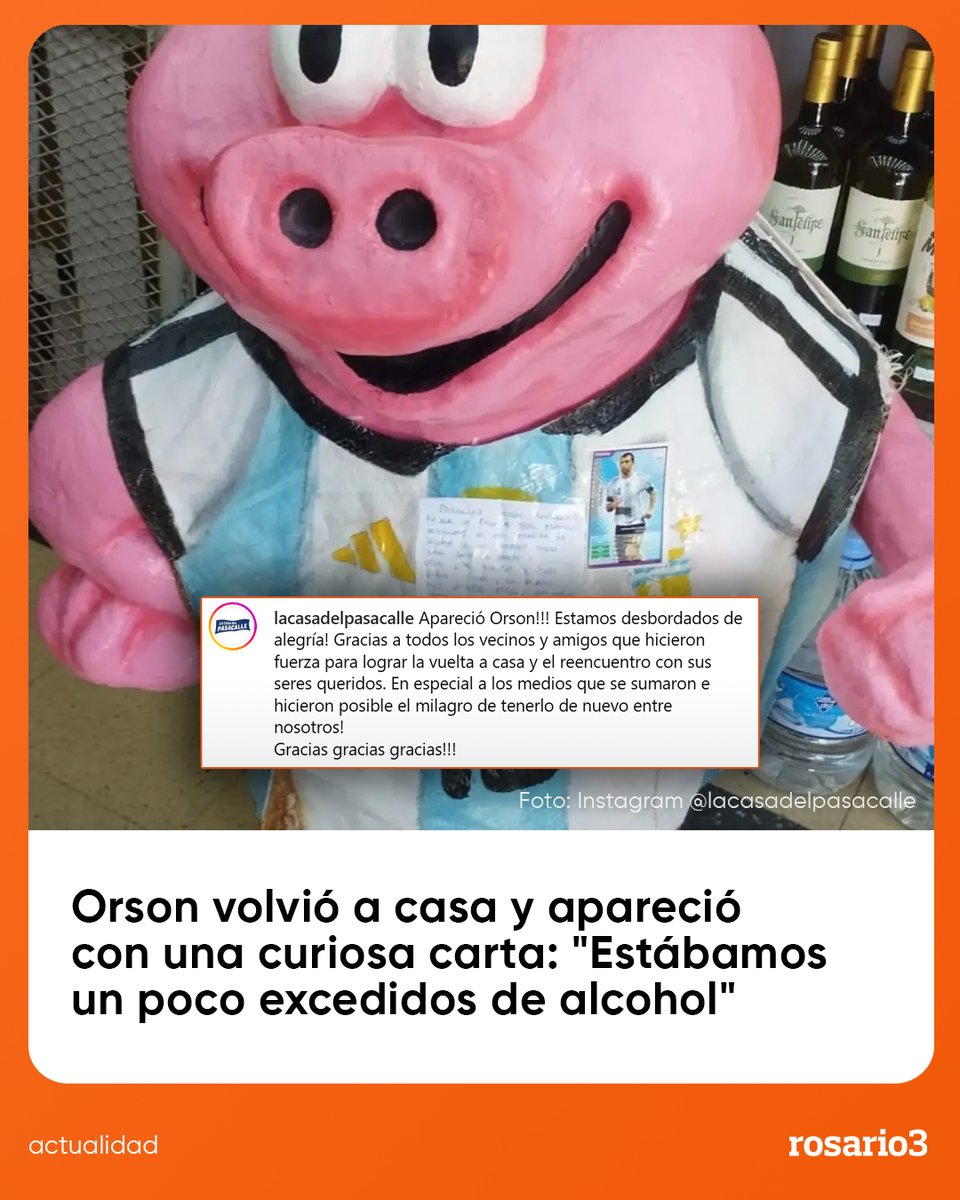 Rosariotres's tweet photo. 🐷 ORSON VOLVIÓ A CASA Y APARECIÓ CON UNA CURIOSA CARTA 🐷

📍 El popular cerdo de fibra de vidrio que había desaparecido de la esquina de Tucumán e Iriondo fue devuelto en las últimas horas. La cuenta que hizo pública la situación, confirmó el regreso y agradeció el apoyo de vecinos, amigos y medios.

📝 Junto a la figura dejaron una carta escrita a mano. Allí, quienes se lo llevaron aseguraron que estaban "un poco excedidos de alcohol" y que todo fue una "travesura" para sacar a Orson "a pasear".

🤍 Tras el insólito episodio, Orson volvió a su lugar y ya está nuevamente con sus dueños.