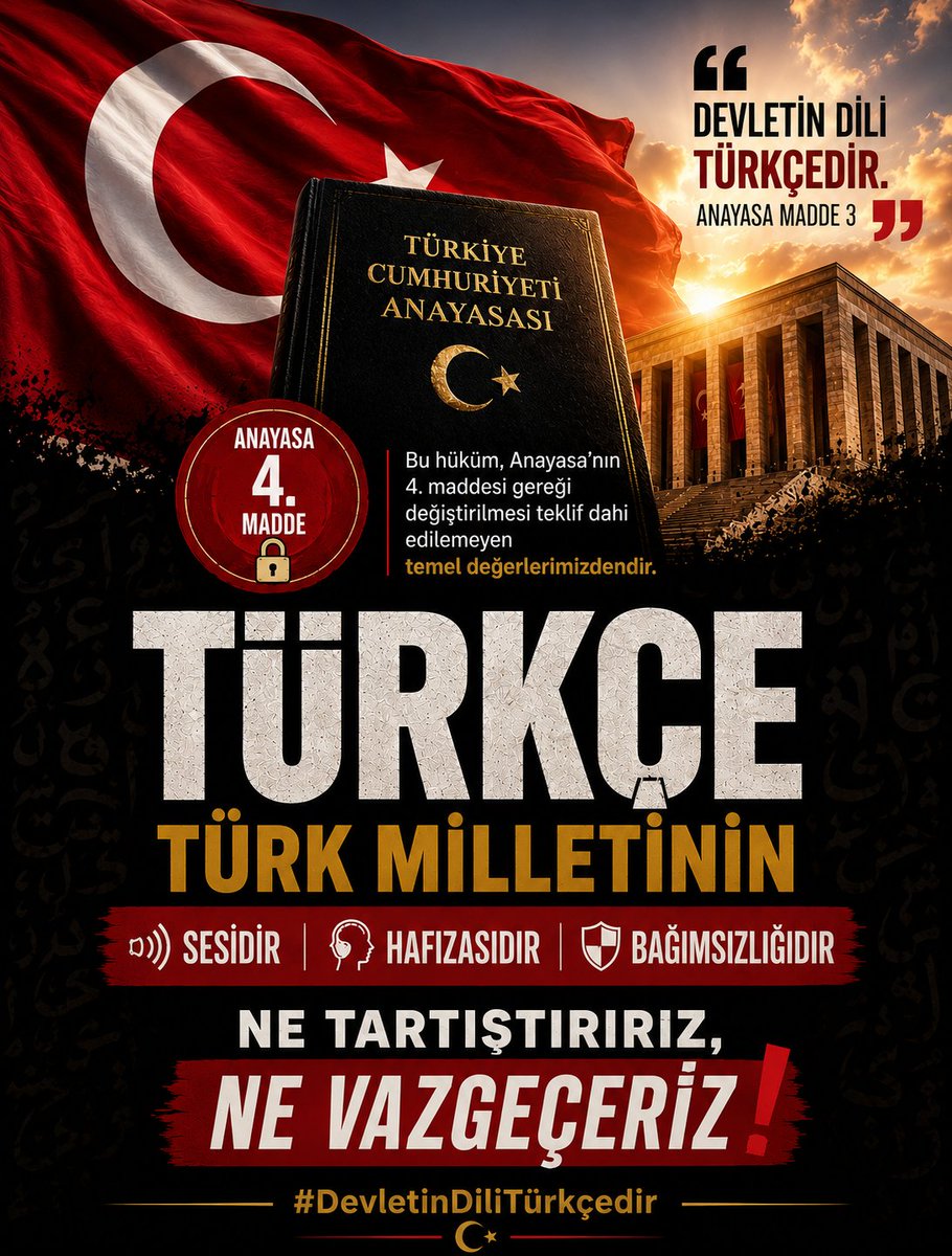 NUR_2158's tweet photo. Türkçe bu milletin sesidir, hafızasıdır, bağımsızlığıdır.

Anayasa nettir:
“Devletin dili Türkçedir.”

NE TARTIŞTIRIRIZ,
NE VAZGEÇERİZ !

#DevletinDiliTürkçedir 🇹🇷 https://t.co/WmDOUpOzmy