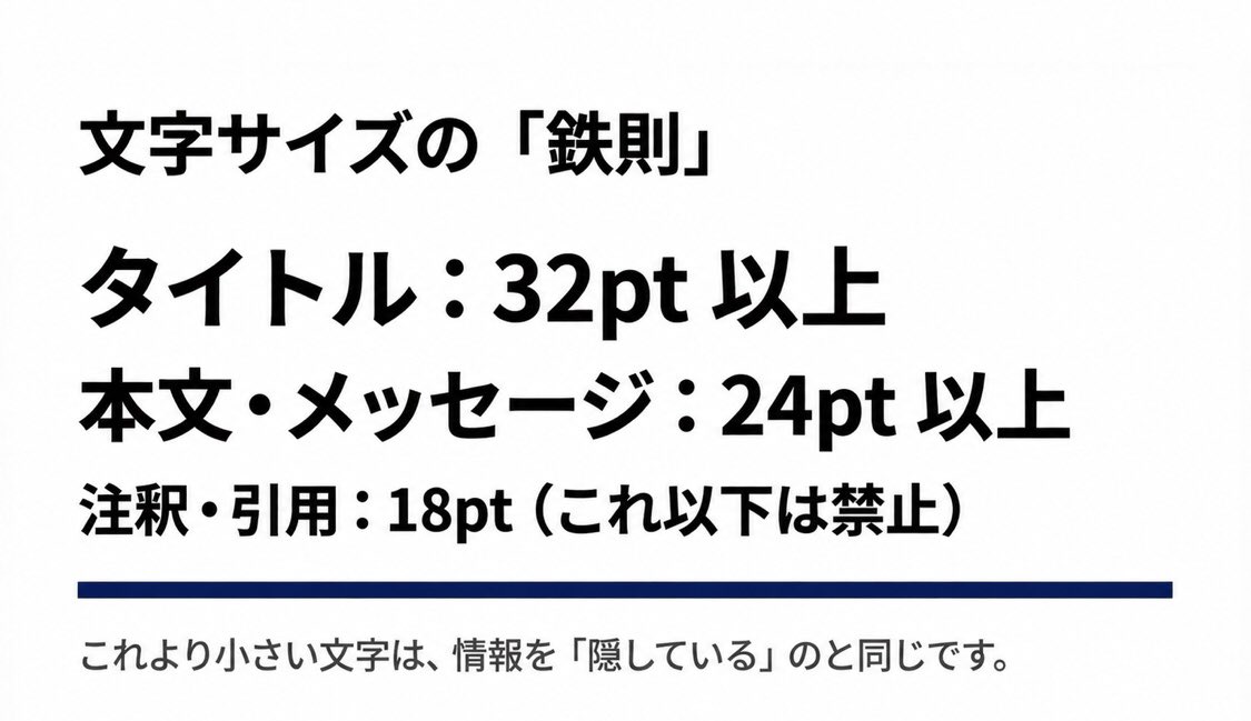 tokei389950's tweet photo. スライドの文字サイズは
まずこれを参考にしてみてください。

次にフォントを「Noto Sans JP」
に変更すればどこでも通用します。

騙されたと思って試してください。
聴衆の反応が目に見えて変わります。 https://t.co/xkyfwi2O8A