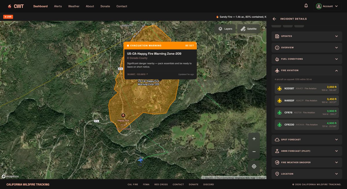CaliFireTracker's tweet photo. A new evacuation warning has been issued for the #HappyFire, Zone 209 https://t.co/0AkkdTzpR0