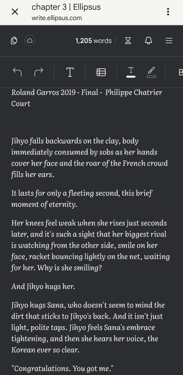 S2yeon3's tweet photo. I'm still blocked af. The final chapter of the LDR fic was depressing me so I had to stop for a while. I'm trying with the tennis au. I promise I'll be back 😭 (yes, I'm using Ellipsus now. so much better than google docs holy shit) https://t.co/kozgXJpEbq