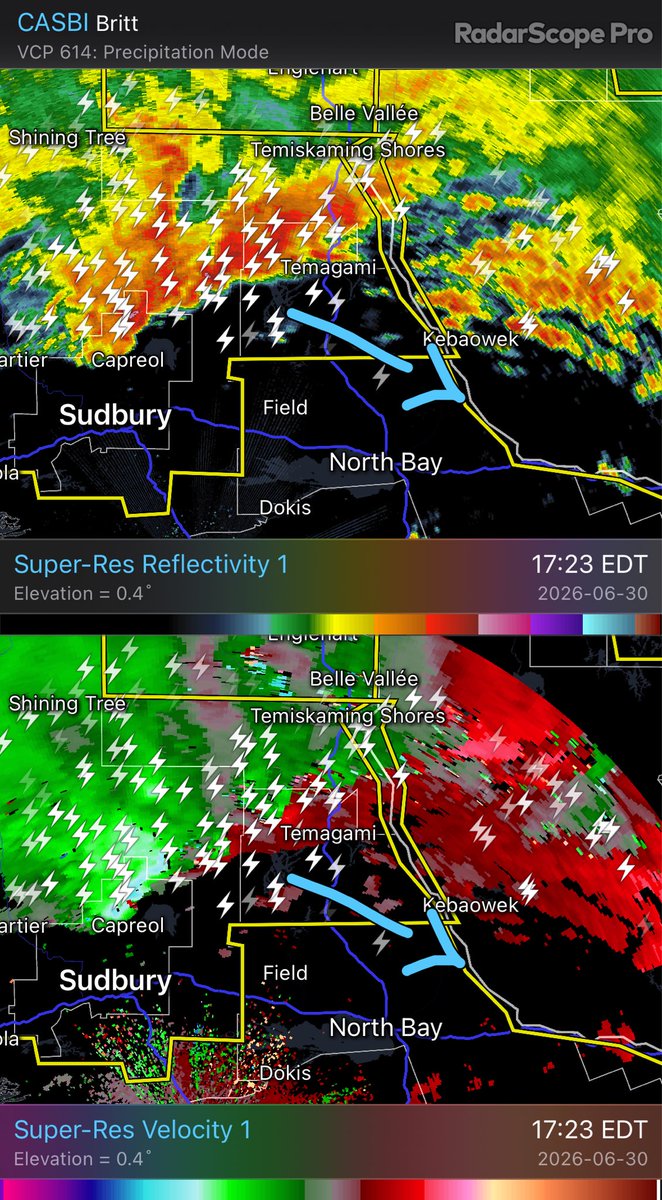 stormwx1's tweet photo. Here comes round 2 for EON. A well organized MCS will likely hug the instability gradient along the ON/QC border for several hours. Damaging winds over 110km/h and embedded tornadoes are the main threats. https://t.co/L31SwPxEdV