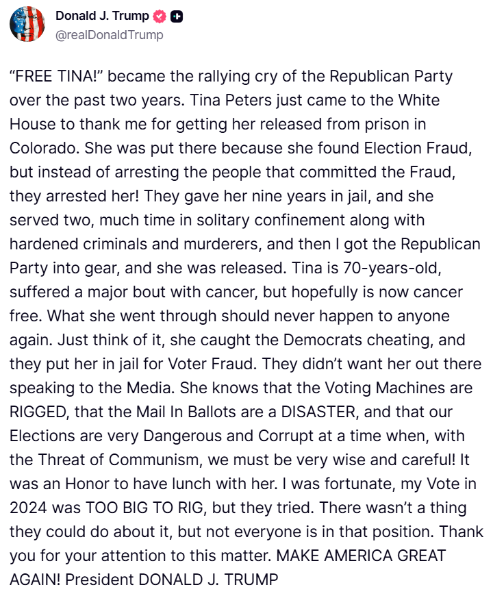 EricLDaugh's tweet photo. 🚨 UPDATE: President Trump brings Tina Peters into the OVAL OFFICE after she exposed Democrat cheating

🔥🔥

"She was put there because she found Election Fraud, but instead of arresting the people that committed the Fraud, they arrested her! They gave her nine years in jail, and she served two, much time in solitary confinement along with hardened criminals and murderers, and then I got the Republican Party into gear, and she was released."

"Tina is 70-years-old, suffered a major bout with cancer, but hopefully is now cancer free."

"What she went through should never happen to anyone again. Just think of it, she caught the Democrats cheating, and they put her in jail for Voter Fraud. They didn’t want her out there speaking to the Media. She knows that the Voting Machines are RIGGED, that the Mail In Ballots are a DISASTER, and that our Elections are very Dangerous and Corrupt at a time when, with the Threat of Communism, we must be very wise and careful! It was an Honor to have lunch with her."

"I was fortunate, my Vote in 2024 was TOO BIG TO RIG, but they tried. There wasn’t a thing they could do about it, but not everyone is in that position. Thank you for your attention to this matter. MAKE AMERICA GREAT AGAIN! President DONALD J. TRUMP"