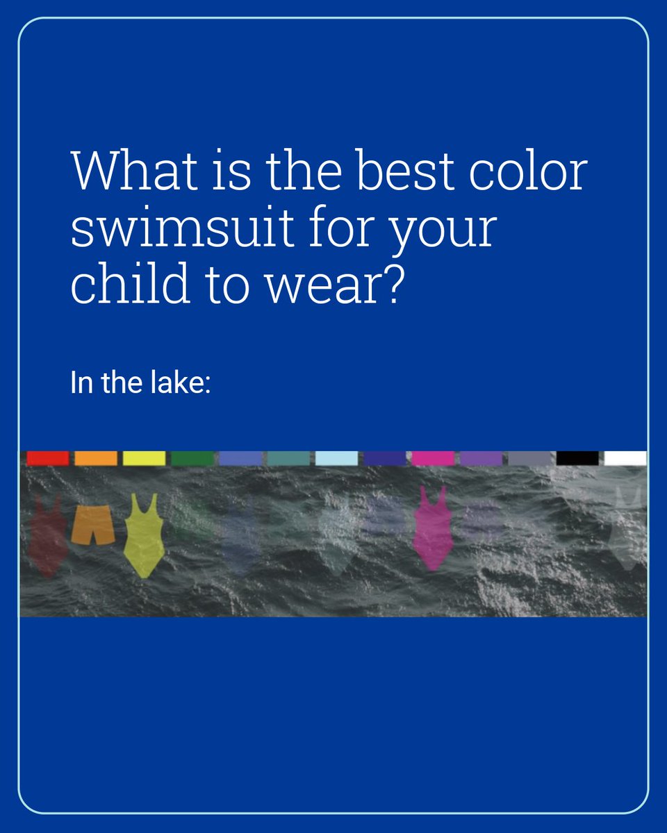 MassGeneralNews's tweet photo. While swimsuit color may seem like just a fashion decision, it can actually affect how visible your child is in the water. Drowning is one of the leading causes of accidental death in children. Small steps, like choosing the right swimsuit color, can make a big difference. 

Image source: Facebook