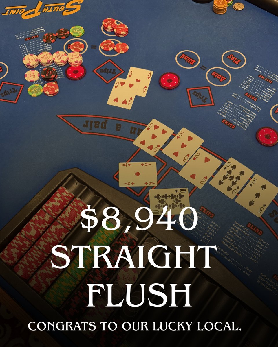 southpointlv's tweet photo. Jackpot alert! 🚨

A huge congratulations to one of our lucky locals, straight flush on the flop on Ultimate Texas Hold 'em and walked away with an incredible $8,940! 🃏💰

Who's feeling lucky next? 🍀 https://t.co/GHfF2BR7P5
