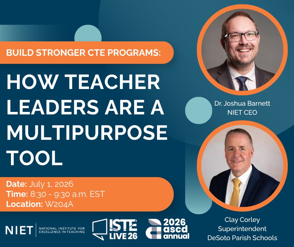 NIETteach's tweet photo. Attending the 2026 #ASCDAnnual and #ISTELive? Learn how NIET partner @DesotoParish Schools improved student outcomes and strengthened their CTE program utilizing teacher leaders in tomorrow's session! #NIET2026 @ISTE_ASCD https://t.co/eqfk6x479z