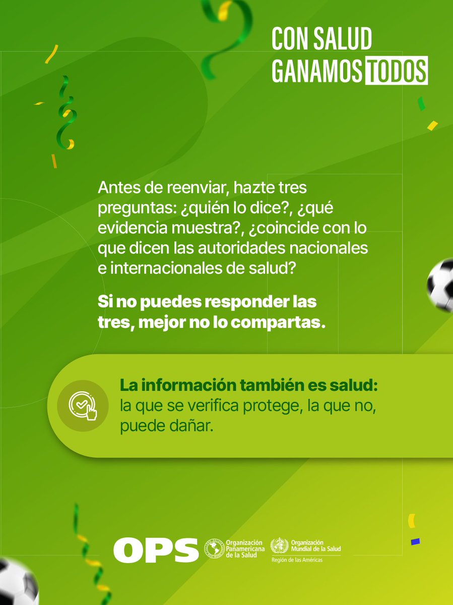 opscuba's tweet photo. La información también es salud‼️

Antes de reenviar un mensaje sobre vacunas, síntomas o brotes, verifica con la OPS/OMS, los Ministerios de Salud y otras autoridades locales.

La salud es la victoria; la desinformación, no.

#ConSaludGanamosTodos #CopaMundial https://t.co/hxoBaSurAk