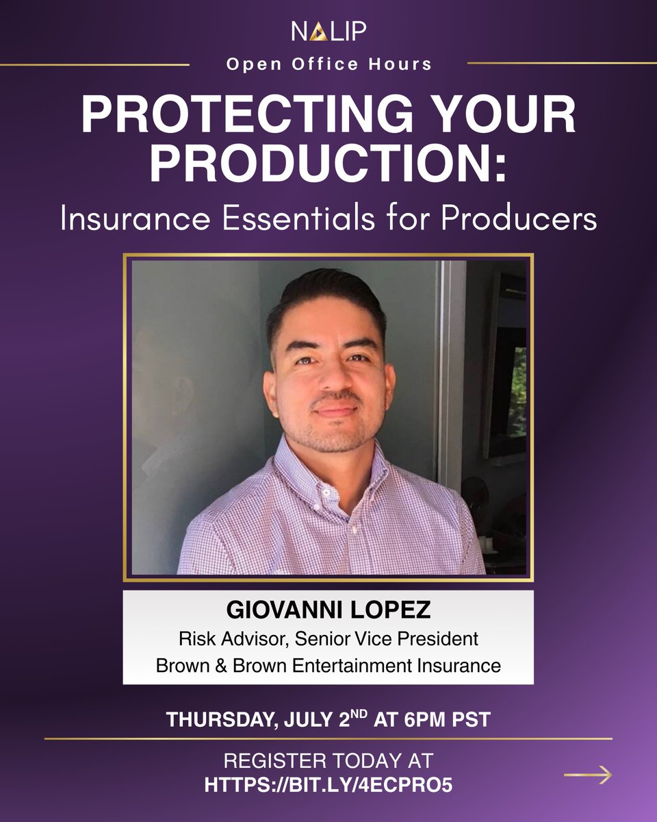 NALIP_org's tweet photo. Join Risk Advisor &amp; Insurance Broker Giovanni Lopez on Thursday, July 2 at 6 PM PST as he breaks down the fundamentals of production insurance, explains common coverage needs, &amp; and more!

Register: https://t.co/CdysqXZa50 https://t.co/mG2z57TrDH