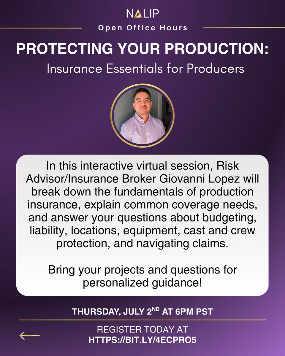 NALIP_org's tweet photo. Join Risk Advisor &amp; Insurance Broker Giovanni Lopez on Thursday, July 2 at 6 PM PST as he breaks down the fundamentals of production insurance, explains common coverage needs, &amp; and more!

Register: https://t.co/CdysqXZa50 https://t.co/mG2z57TrDH