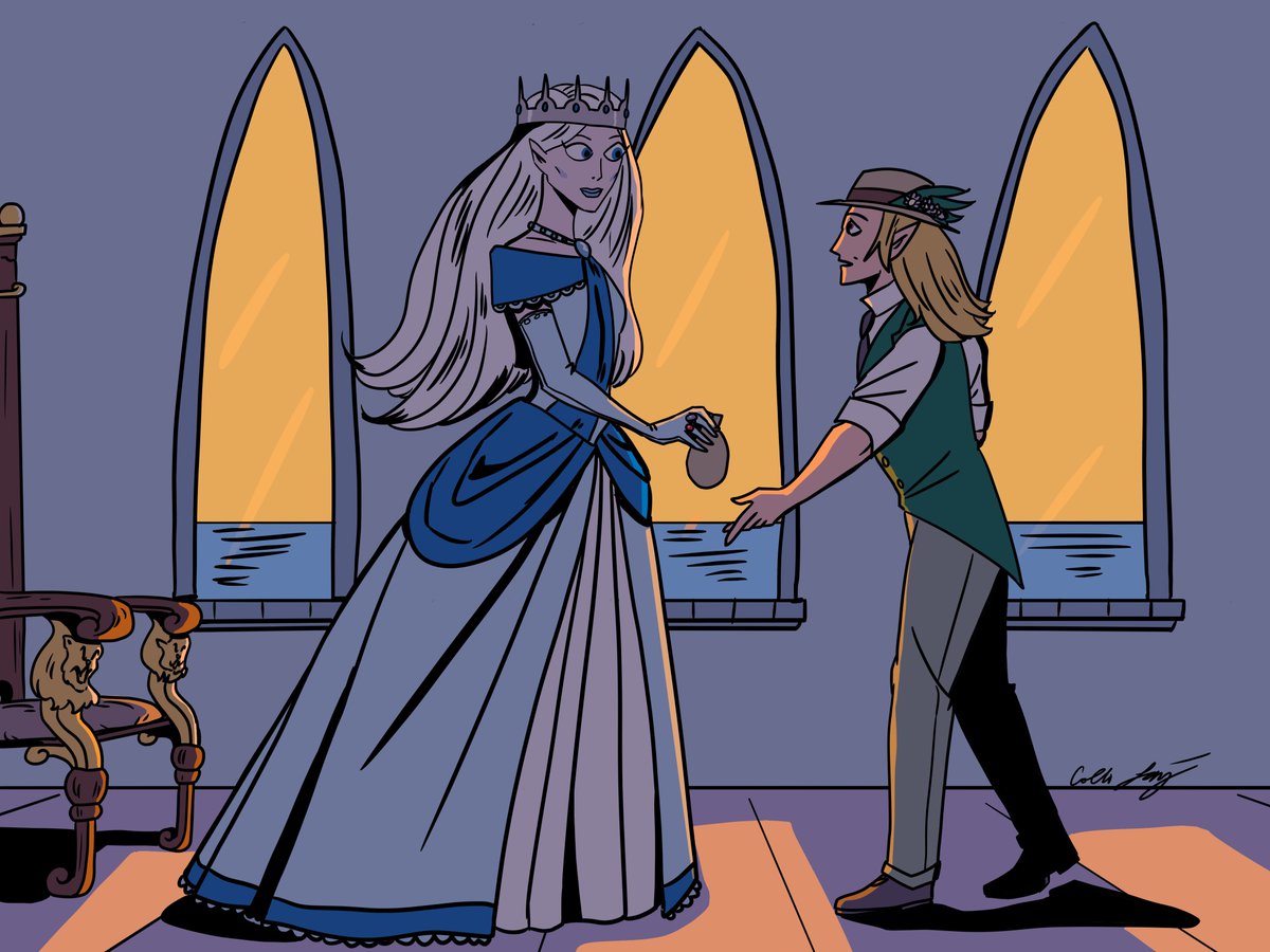 writercollin's tweet photo. A commission for Tristan Snaer: Empress Zara Civilius IV of Tenelea, giving a gift unto a summer elf.

After the death of her tyrannical brother Wulfic Civilius, Zara has ascended the Tenelean throne, seen as a more gentler monarch. She is a winter elf. Tenelean elves crop their ears as they rule over the race of men, to appear more human.