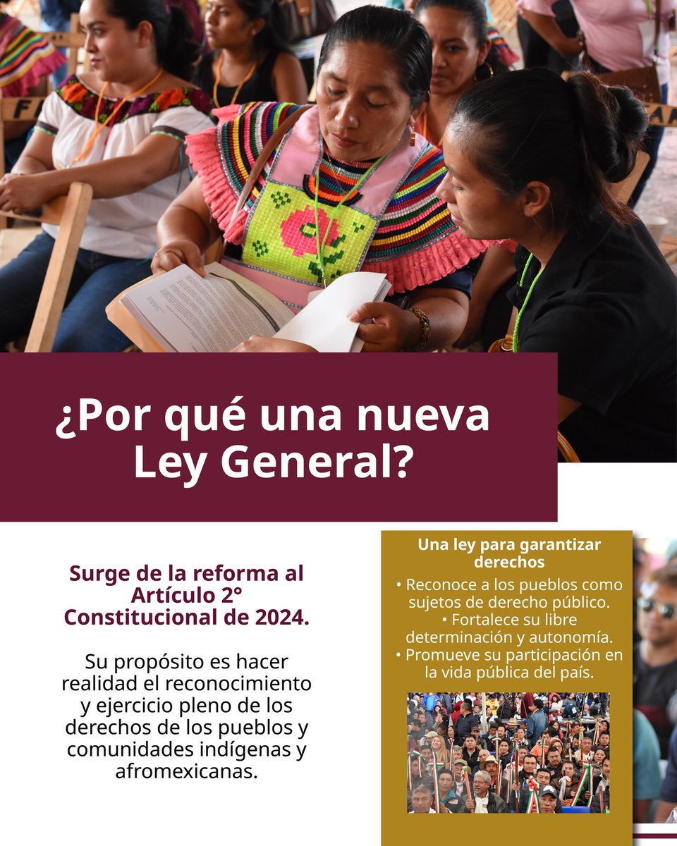 INPImx's tweet photo. La Propuesta de Iniciativa de Ley General de Derechos de los Pueblos Indígenas y Afromexicanos es resultado de un amplio proceso de diálogo, análisis técnico y construcción colectiva con la participación de los pueblos, instituciones y personas especialistas.

Conoce por qué surge esta iniciativa, a quién beneficia, cómo está integrada y el camino que ha seguido para fortalecer el reconocimiento y ejercicio pleno de los derechos de los pueblos y comunidades indígenas y afromexicanas.

📎Revisa la presentación completa aquí: https://t.co/X2MOA0buvr

🧵 1/3