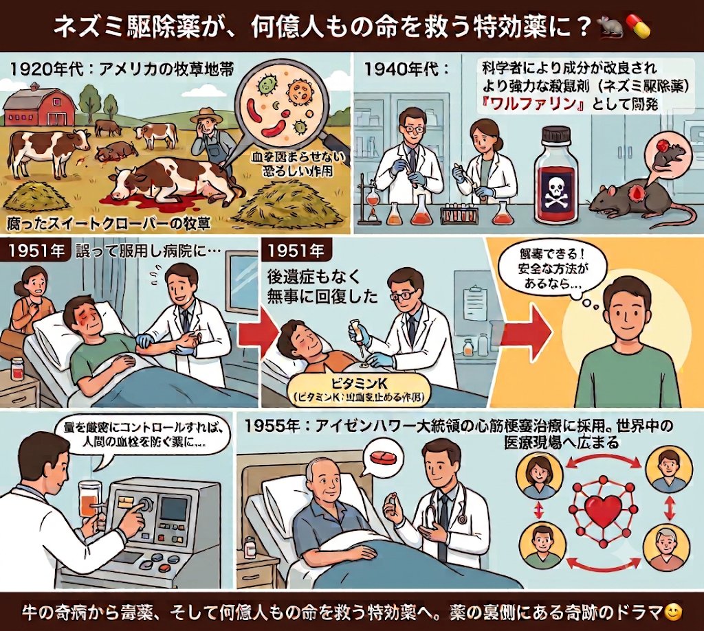 phynosh26's tweet photo. 【ネズミ駆除薬が、何億人もの命を救う特効薬に？🐀💊】

​「血をサラサラにする薬」として、現在も多くの患者さんに処方されているワルファリン。

実はこの薬、元々は強力な「ネズミ駆除薬（殺鼠剤）」として開発されたものでした。

​物語の始まりは1920年代。
アメリカの牧場で「牛がわずかなケガで出血死してしまう」という奇妙な病気が多発しました。
原因は、牛が食べていた腐った牧草（スイートクローバー）。
牧草が発酵する過程で生み出された成分に「血を固まらせない」という恐ろしい作用があったのです。

​研究者たちはこの成分を抽出し、より強力に改良しました。
そうして1940年代に誕生したのが、ネズミを内出血で確実に駆除するための毒薬『ワルファリン』でした。

​ただの毒薬で終わるはずだったこの成分。
しかし1951年、運命を変える事件が起きます。

ある人物がこのネズミ駆除薬を大量に飲んでしまったのですが、病院でビタミンK（出血を止める働きがある）を投与された結果、後遺症もなく無事に回復したのです。

​「解毒できる安全な方法があるなら、量を厳密にコントロールすれば、人間の血栓を防ぐ薬として使えるのでは…？」

​この逆転の発想から、ワルファリンは人間のための医薬品へと生まれ変わります。

そして1955年、心筋梗塞で倒れたアメリカのアイゼンハワー大統領の治療にこの薬が使われ、見事に回復。

これをきっかけに、世界中の医療現場へ一気に広まりました。

​牛の奇病から始まり、毒薬となり、最後は何億人もの命を救う特効薬へ。

日々お渡ししている薬の裏側には、こうした奇跡のようなドラマが隠されている場合があります😌