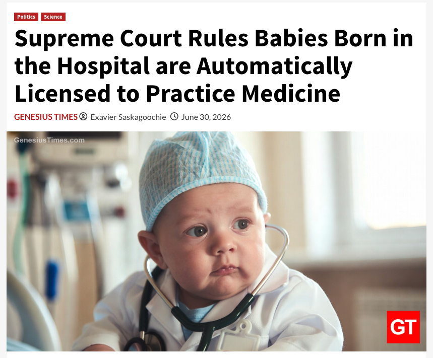 Genesius_Times's tweet photo. Supreme Court Rules Babies Born in the Hospital are Automatically Licensed to Practice Medicine • Genesius Times https://t.co/iJWb8WDq8J https://t.co/8jOobrC5tO