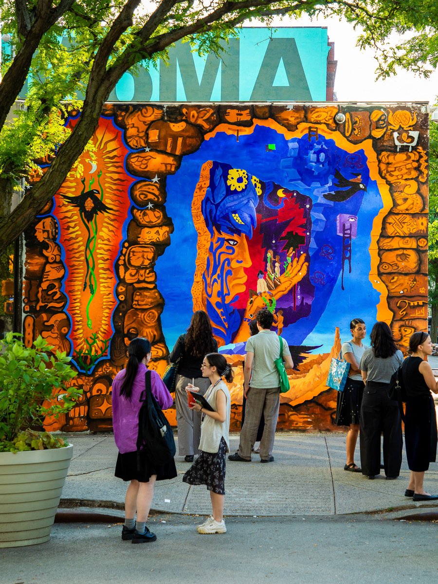 MoMAPS1's tweet photo. Now on view: Esteban Cabeza de Baca's MoMA PS1 Plaza Mural.

Located right outside our entrance, "Ancestral Dreams" imagines a rupture in the wall, a dimension where advocacy for migrant communities and protection of the land coexist, using syncretic iconography of resistance and survival. Working between Queens and the Southwest, Cabeza de Baca nods to Mexican muralism, the Works Progress Administration, and the history 5Pointz.

See it on the plaza.
—
Esteban Cabeza de Baca, "Ancestral Dreams," 2026.
📸 John Kim