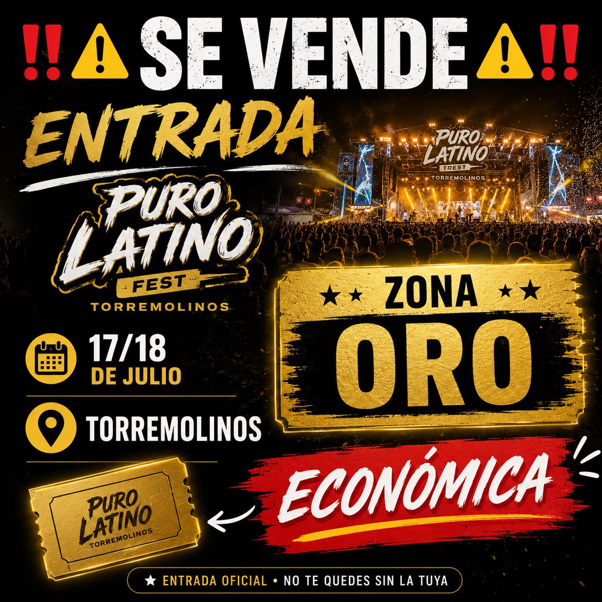 Maria16_7's tweet photo. ‼️⚠️Se vende entrada Puro Latino TORREMOLINOS, 
      zona ORO ‼️⚠️
🗓️ 17/18 de julio
📍Torremolinos
💵 Económica
#purolatinofest
#entradas 
#torremolinos https://t.co/ofZRY8PF2C