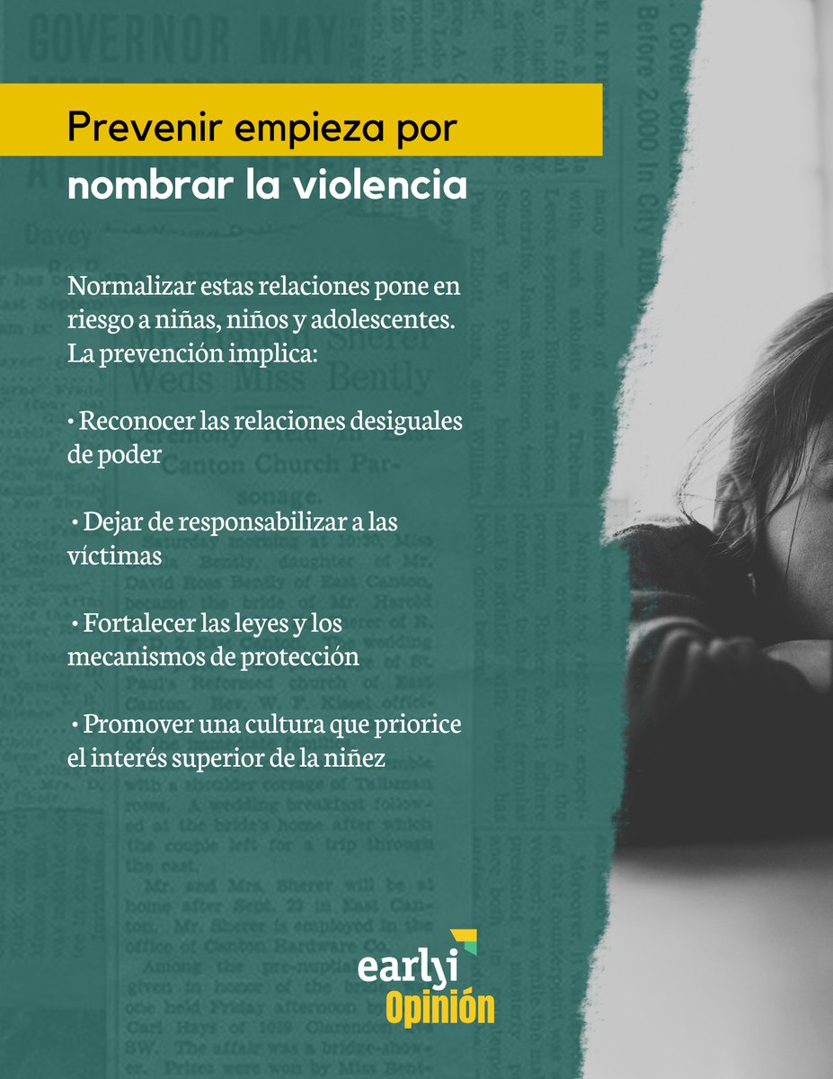 Alumbramx's tweet photo. ¿Puede existir consentimiento cuando una persona adulta mantiene una relación con una adolescente?

Más allá del caso que dio origen a esta discusión, es importante comprender por qué estas situaciones no deben entenderse como un "noviazgo", sino como una forma de violencia sexual que requiere una respuesta firme desde la sociedad y las instituciones.

En esta columna se analiza la importancia de nombrar correctamente estos hechos, fortalecer la protección de niñas, niños y adolescentes y avanzar en la prevención de la violencia sexual.
No fue noviazgo, fue violencia sexual – Early Institute

#EarlyOpinion #Columna #Noticia #AlumbraSuVida