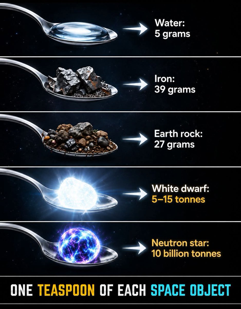konstructivizm's tweet photo. One Teaspoon, Infinite Extremes! Think a single teaspoon of matter is no big deal? Think https://t.co/JmERjF18J5’s how wildly density changes across the cosmos:Ordinary water → ~5 grams  
Iron → ~39 grams  
Earth rock → ~27 grams

Now leave Earth behind…A teaspoon of material from a white dwarf (the crushed core of a dead star) would weigh between 5 and 15 tonnes — about the mass of an elephant or a small truck.  
But the true champion of density? A teaspoon scooped from a neutron star — the collapsed remnant of a supernova — would weigh an incomprehensible 10 billion tonnes. That’s roughly the mass of Mount Everest… in a single teaspoon.

These mind-bending extremes show what happens when gravity pushes matter to its absolute limits. In the hearts of dead stars, atoms themselves are crushed out of existence, creating forms of matter that defy everything we experience on https://t.co/DTL0DXPobs tiny spoon. Infinite extremes.  The universe doesn’t just break records — it laughs at the very idea of what’s “normal.”