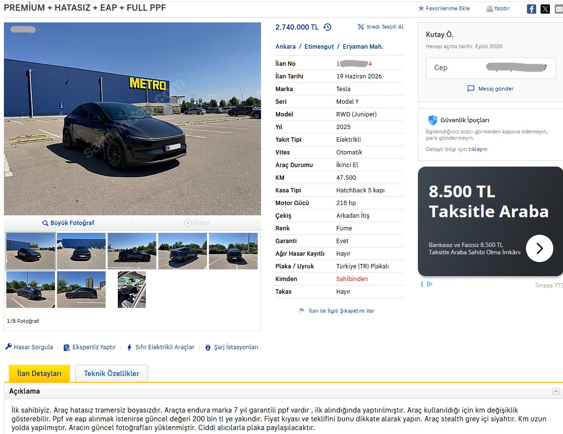 AracaNeDersin's tweet photo. 🚨 Piyasadaki en ucuz Tesla Model Y Juniper!

2.740.000 TL

✔️ Hatasız, boyasız
✔️ Full PPF
✔️ EAP
❗47 bin km
Sizce ekstraları bu kilometreyi unutturur mu?
Alınır mı, yoksa bu km'de Juniper'a bu para verilmez mi? 👇
#Tesla #ModelY #Otomobil #ElektrikliAraç https://t.co/9eqIiFfmQP
