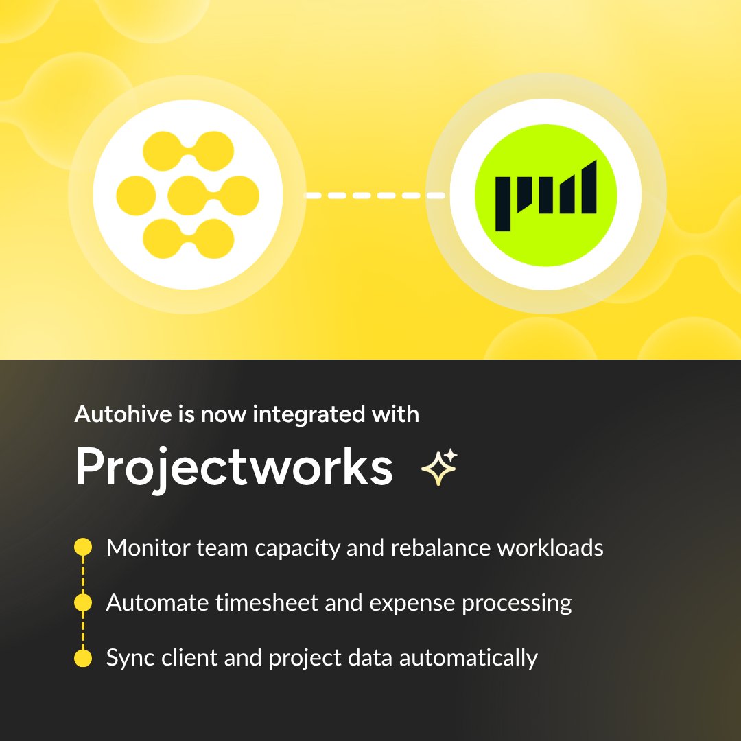 autohiveai's tweet photo. Spend less time managing projects and more time delivering them.

We're excited to announce the @projectworksltd integration on the Autohive Marketplace. Connect your professional services automation with your AI agents to keep your projects, capacity, and expenses perfectly aligned,  without the manual effort.

✅ Monitor team capacity in real time: View bookings, leave, and timesheets together to spot gaps and rebalance workloads before projects fall behind

✅ Automate timesheet and expense processing: Collect, validate, and submit timesheets and expense claims automatically with no more chasing your team for data

✅ Sync client and project data across systems: Keep client records, project structures, and task hierarchies in perfect alignment between Projectworks and your other tools

Connect your Projectworks account to Autohive and let your agents handle the admin.

Link below.