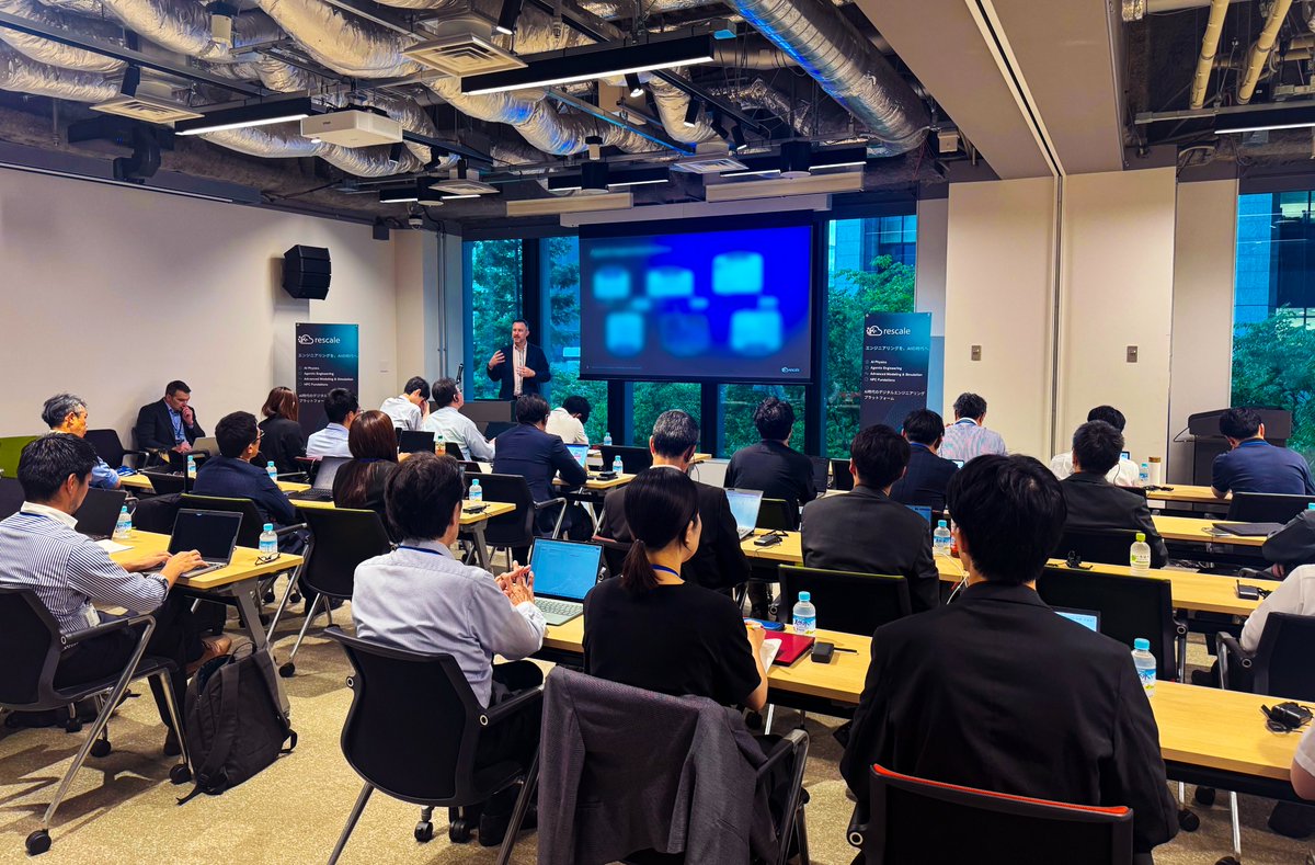RescaleInc's tweet photo. Recently in Tokyo, Rescale brought together technical leaders, engineers, and partners from across that ecosystem to explore what's possible when agentic digital engineering and AI physics come together on a unified platform built for the AI era.

The conversations were grounded in where R&D organizations are today, and where they need to go. Rescale COO Matt McKee and VP of Product Jacob Surber joined the Japan team to discuss how agentic digital engineering can automate complex simulation workflows, and how AI physics enables predictions at inference speed, expanding what engineering teams can explore without proportionally expanding the time or compute required.

Building the future of digital engineering takes collaboration across the simulation community, and the energy in the room reflected exactly that.

#DigitalEngineering #AgenticDigitalEngineering #AIPhysics #Simulation #CAE

—

先日東京にて、Rescaleはデジタルエンジニアリングのエコシステムから技術リーダー、エンジニア、そしてパートナー企業の皆様をお迎えするイベントを開催しました。AI時代のために開発された統合プラットフォーム（the Rescale platform）上で、エージェンティック・デジタルエンジニアリングとAI物理（AI physics）が融合したときに、どのような可能性が広がるのかを共に模索しました。

当日の議論は、研究開発（R&D）組織の現状と、今後目指すべき方向性を踏まえた極めて実践的なものとなりました。RescaleのCOOであるマット・マッキー（Matt McKee）と、プロダクト担当VPのジェイコブ・サーバー（Jacob Surber）が日本のチームに加わり、エージェンティック・デジタルエンジニアリングがいかに複雑なシミュレーション・ワークフローを自動化できるか、そしてAI物理がいかに推論速度での予測を可能にするかについてディスカッションを行いました。これにより、エンジニアリングチームは、必要な時間や計算リソースを比例的に増やすことなく、探索の幅を大きく広げることが可能になります。

デジタルエンジニアリングの未来を築くには、シミュレーション・コミュニティ全体のコラボレーションが欠かせません。会場の熱気は、まさにその強力な結束を反映したものでした。
