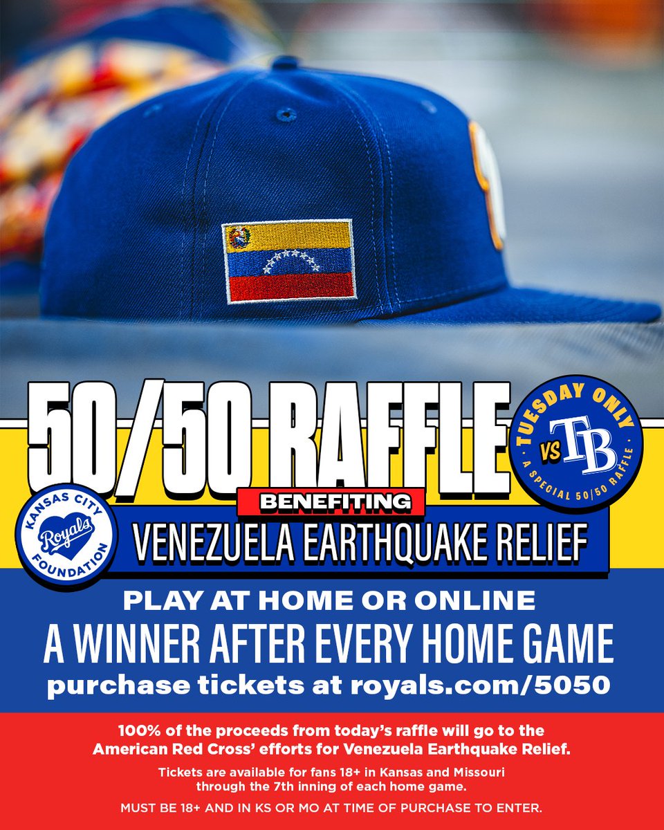 Royals's tweet photo. We are hosting a special 50/50 raffle tonight, with 100% of the proceeds benefiting the American Red Cross’ Venezuelan relief efforts following last week’s devastating earthquakes.

We invite all fans, at The K or watching from home, to participate if they are able.

Play now: https://t.co/DTJ5omPf9K