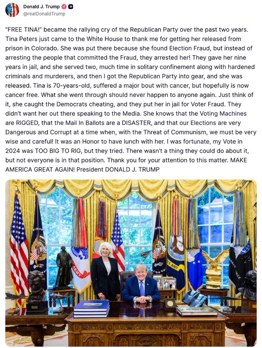 MJTruthUltra's tweet photo. Tina Peters is still in play…

Reminder, just recently, Tina Peters Attorney Peter Ticktin says not only do we have the President of Venezuela, Maduro, we also got his BOOKKEEPER.

“When all of this stuff starts breaking and the American public finds out what really happened here.. that the BIG LIE is that there is a BIG LIE.. then we’re going to be in a completely different position

If Venezuela isn’t cooperating with the machines, and if they’re point this out and letting us know who these people are in Serbia that are actually controlling the data centers.. the fact is we wouldn’t have Donald Trump as President of there wasn’t interference with the Data Centers in Belgrade Serbia for the 2024 election.”

https://t.co/eXrgRLW23S