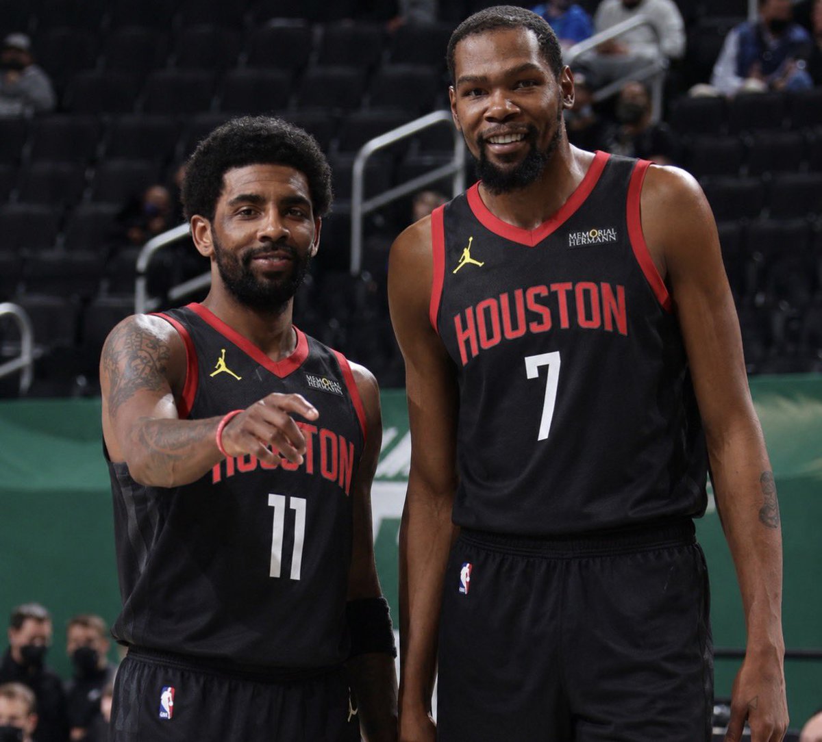 BradeauxNBA's tweet photo. The only star you could probably convince me that the Rockets should trade for would be Kyrie Irving.

Have to imagine his price wouldn’t be anything ridiculous considering he’s coming off of a torn ACL.

If Houston is skeptical about FVV, him and DFS works salary wise. https://t.co/bY2mTLBZA5