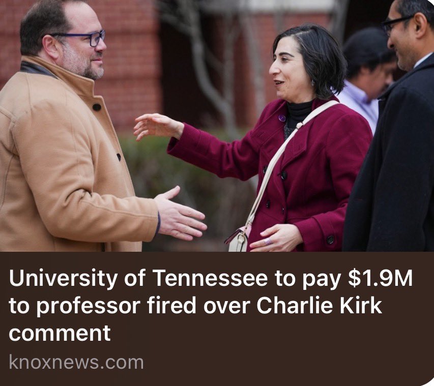 TheTNHoller's tweet photo. KNOXVILLE: “The University of Tennessee System Board of Trustees approved a settlement with ex assistant professor Tamar Shirinian, agreeing to pay $1.9 million (after firing her for a Charlie Kirk comment) .” https://t.co/cAsm30uhsv https://t.co/fmI8W5LwO9