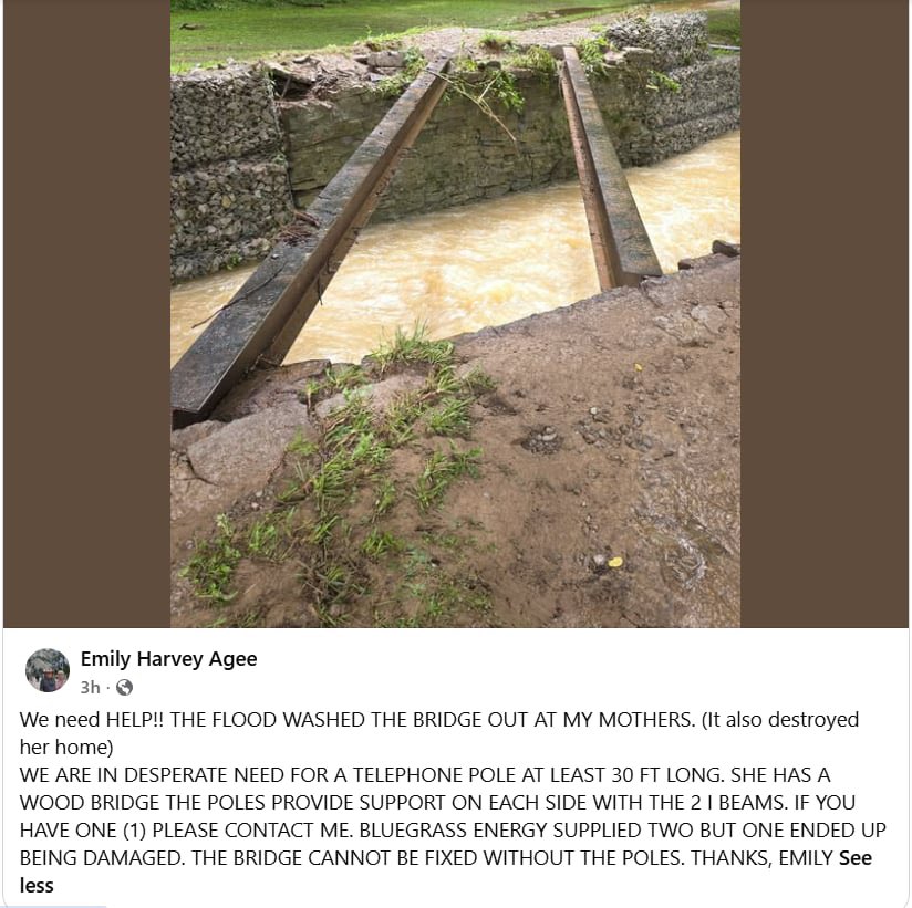 JimSichko's tweet photo. SAW THIS ON FACEBOOK…

Does anyone have the knowledge, equipment, or access to a 30+ foot utility/telephone pole to help this family rebuild their bridge after the devastating floods?

If you can help, please contact Emily Harvey Agee directly.

Let’s be Missionaries of Mercy and show this family they are not alone. God will bless your generosity a thousandfold.

#missionaryofmercy
