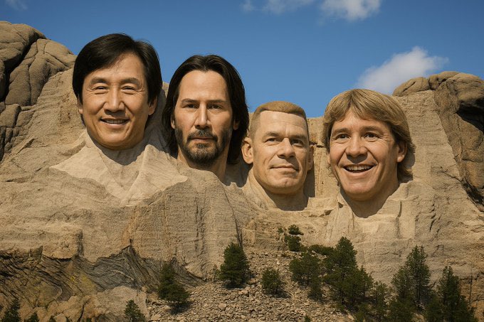 Sayitpop's tweet photo. “Celebrities with no haters” Mount Rushmore is going viral. You all agree?

- Jackie Chan
- Keanu Reeves
- John Cena
- Steve Irwin https://t.co/iwDO8gCBVc