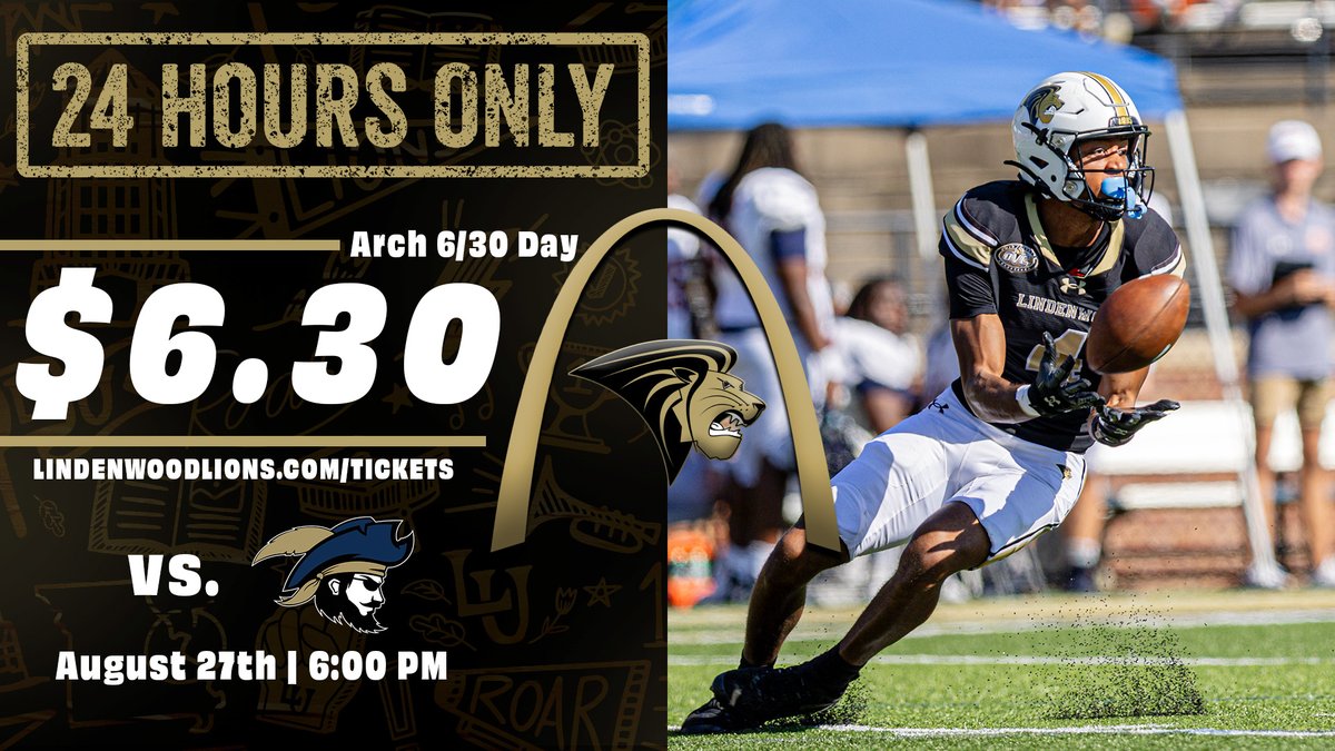 LU_Lions's tweet photo. 𝑫𝒐𝒏'𝒕 𝑴𝒊𝒔𝒔 𝑶𝒖𝒕!🦁

Celebrate with the city of STL and @LindenwoodFB with $6.30 tickets for our home opener this Fall🏈

Secure your tickets today, deal ends at 10:00 am on July 1⬇️

📅Thursday, Aug. 27th
🕕6:00 PM
🏟️Hunter Stadium
🎟️https://t.co/kO8PB2IybE

#Arch630Day https://t.co/Llpz16EX9t