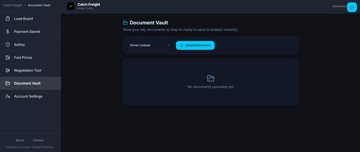 CatchFreight's tweet photo. *Document Vault* 
Store your key documents so they're ready to send to brokers instantly.

- Insurance Certificate
- MC Authority 
- W-9 
- Operating Authority
- Driver License 

https://t.co/yU06npz0WF https://t.co/grQmvMNLBD