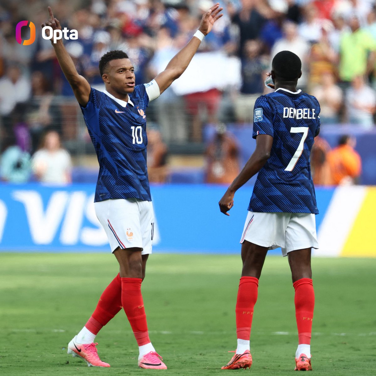 OptaJoe's tweet photo. 9 - Kylian Mbappé has scored nine goals in nine knockout stage games at the FIFA World Cup - now the most of any player in these rounds, overtaking Leônidas and Ronaldo (both 8).

Occasion. https://t.co/R1bqpA2xUI