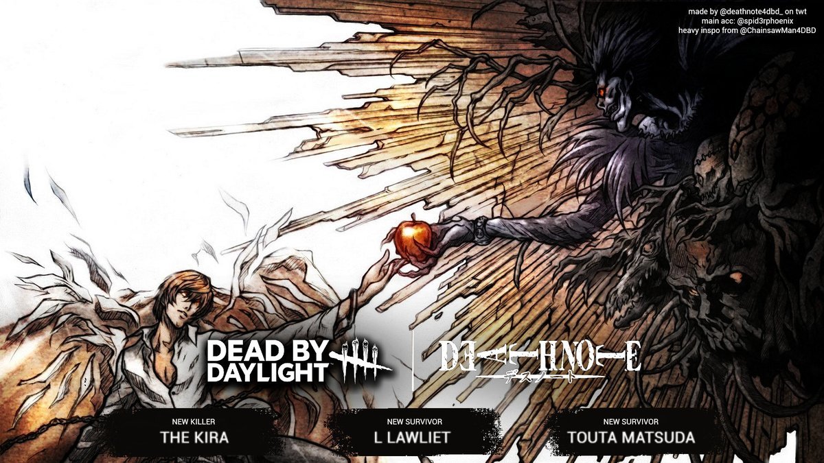 deathnote4dbd_'s tweet photo. @DeadbyDaylight @SilentHill expand upon Tokyo Ghoul's success and bring more anime in the form of a Death Note chapter with Light Yagami/Ryuk as the killer and L and Matsuda as survivors!!!
#deathnote4dbd https://t.co/L7HcvVLixX